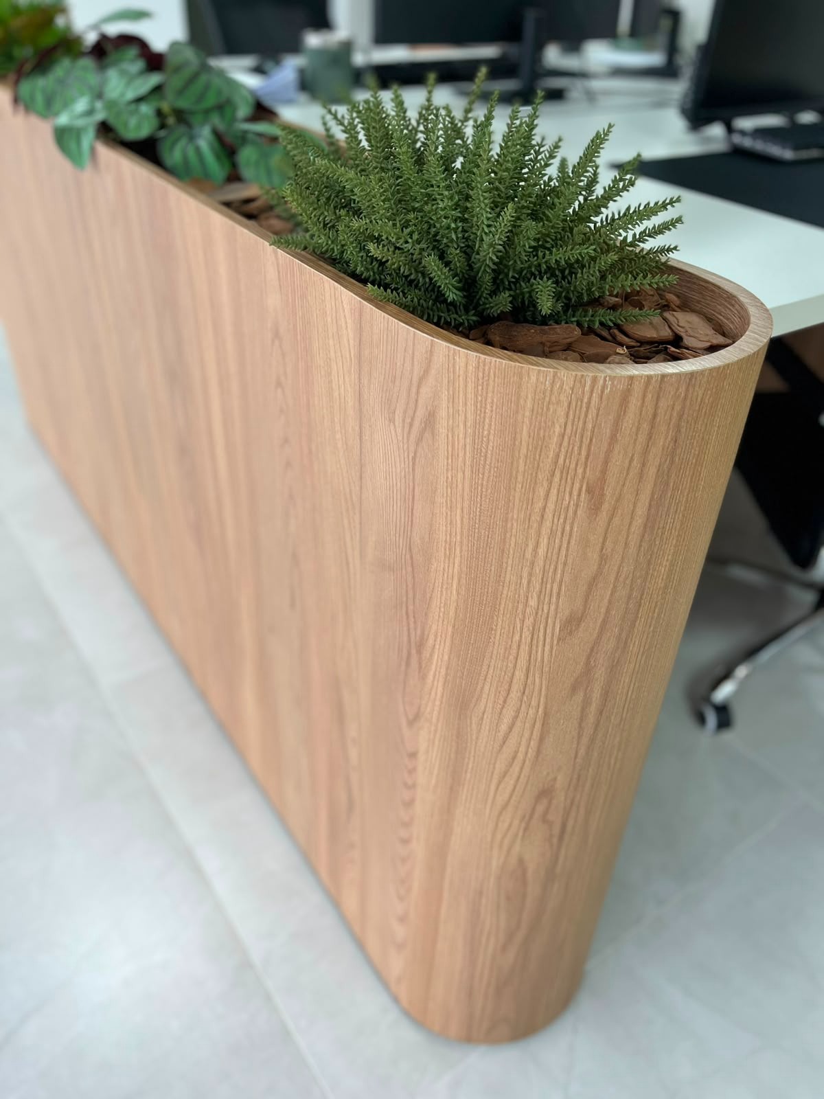 Jardineira de madeira curva com plantas separando ambientes em projeto corporativo